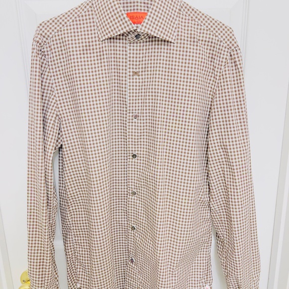 Isaia Brown Casual Button Down Shirt with Gingham Pattern In Like New Condition - Picture 1 of 6